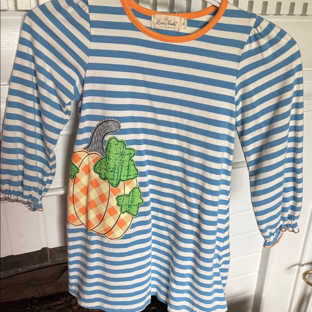 Blue & White Striped Pumpkin Appliqué Knit dress- 5